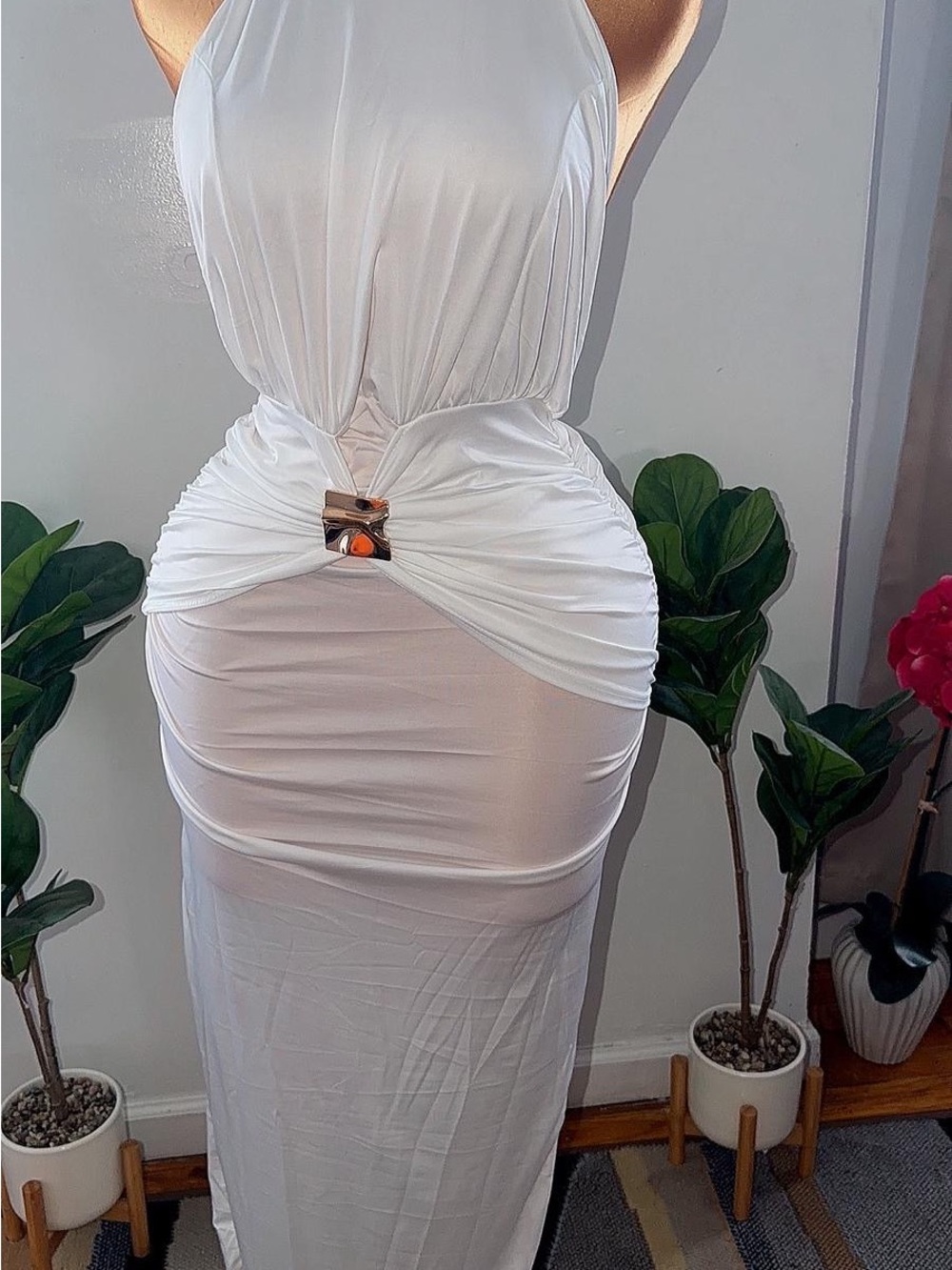Line & Dot White Halter Maxi Dress with Metallic Accent
